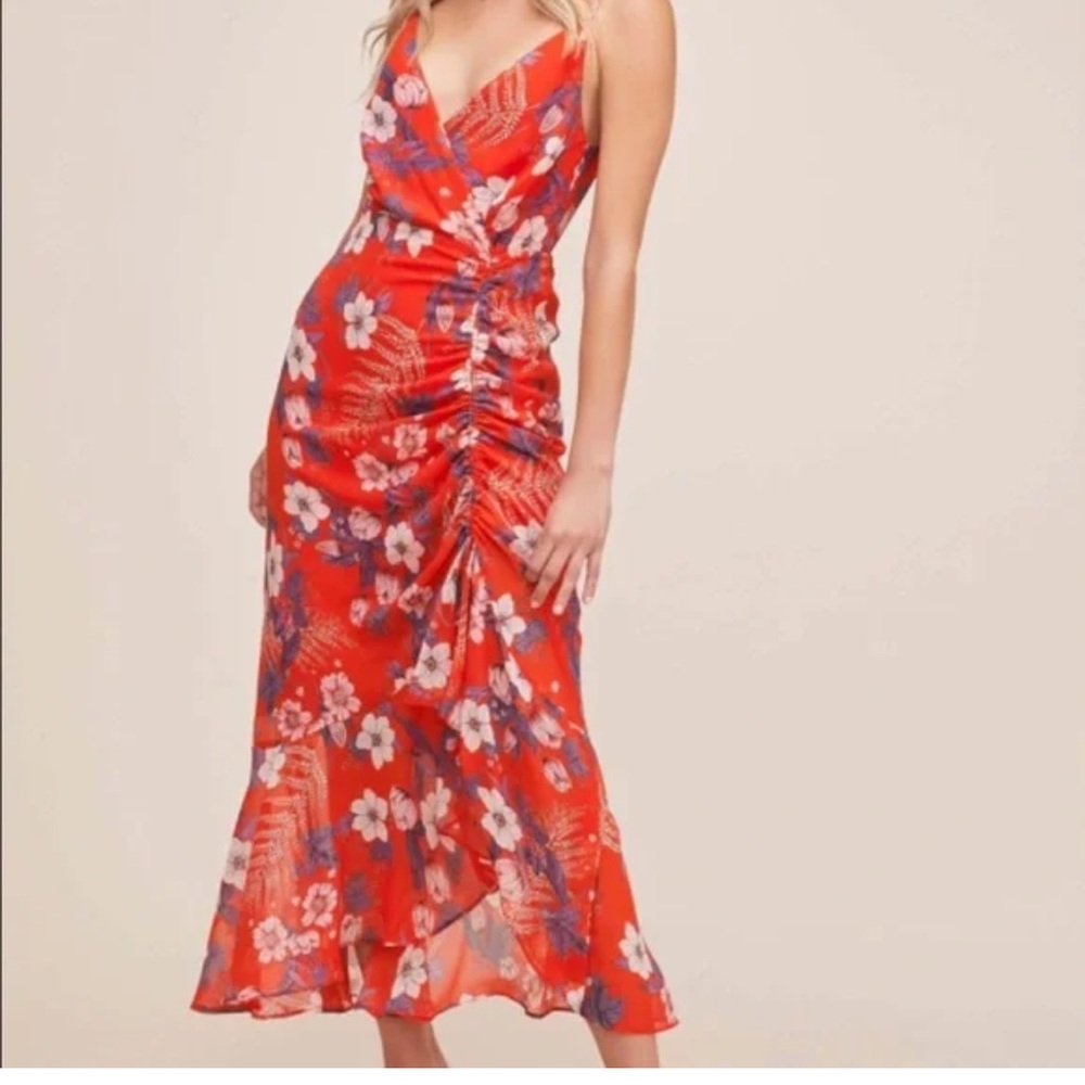 ASTR‎ The Label Red Floral Ruched Maxi Dress V-Neck Ruffle Size XS (661)
